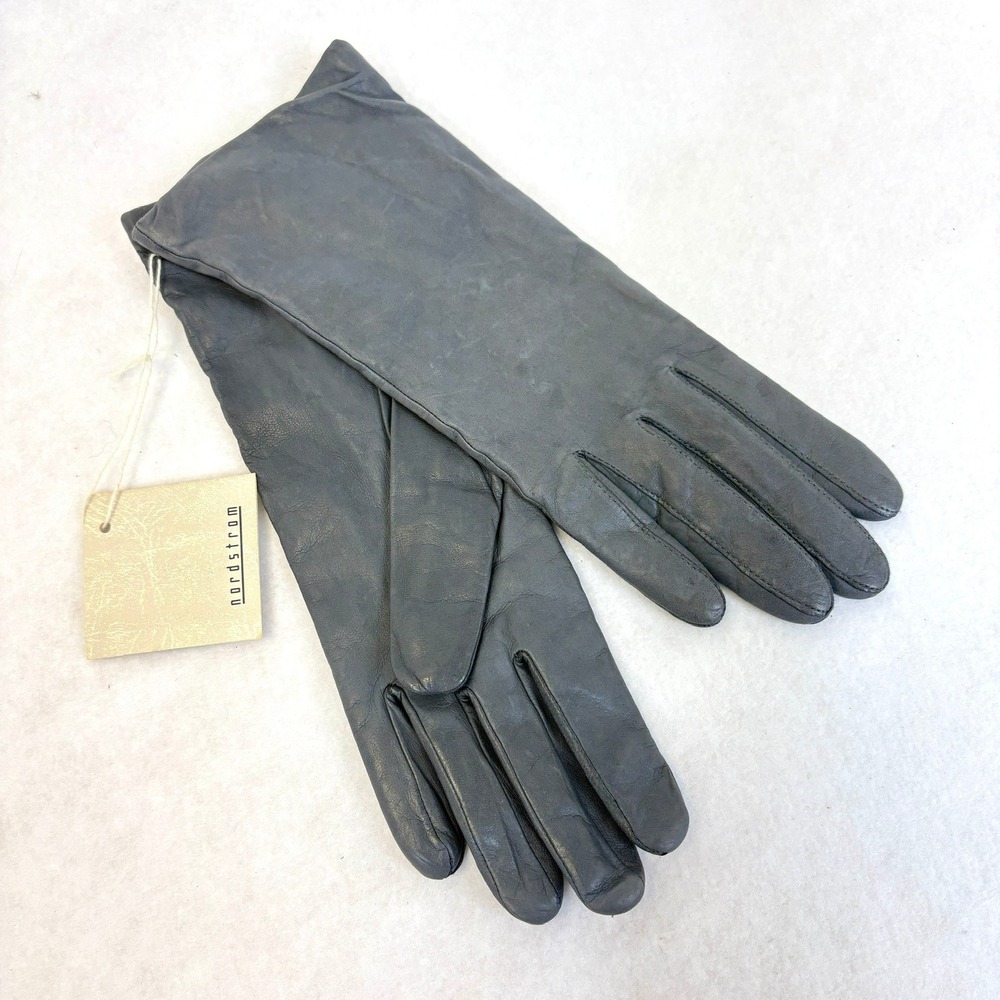 Deadstock NWT Vintage Nordstrom Luxury Leather Gloves Cashmere Lined Gray Size 8